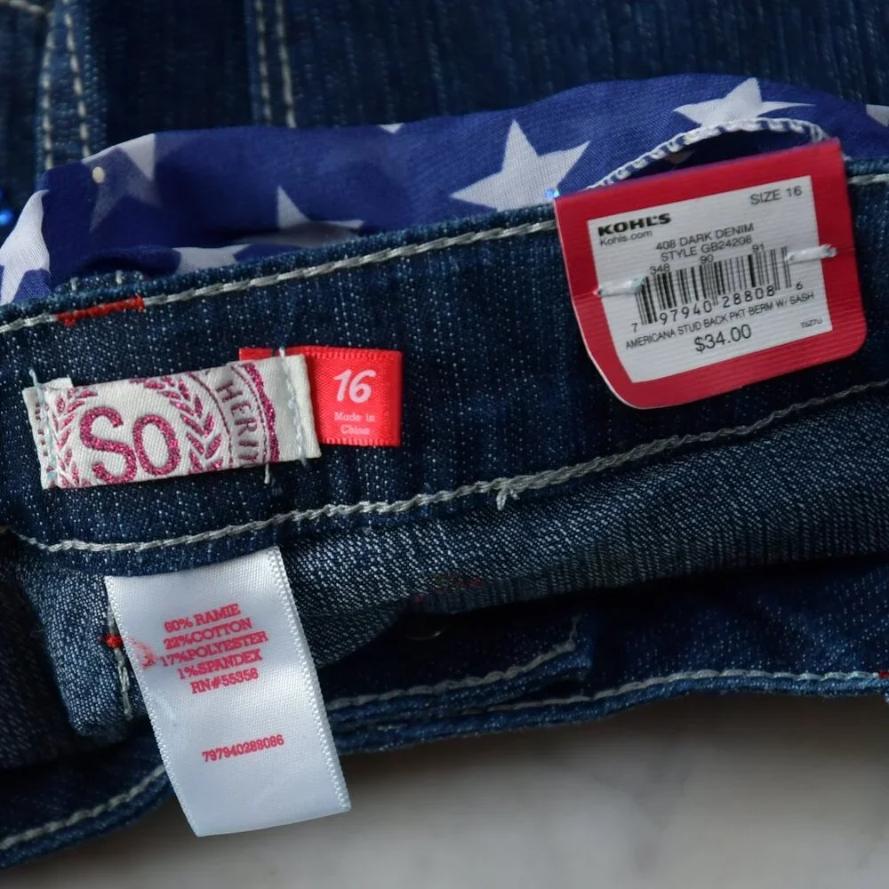 NWT - So Americana Stud Back Pkt Berm W/ Sash 408 Dark Denim Size 16 - Picture 6 of 6
